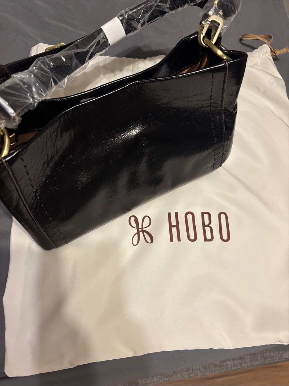HOBO Black Genuine Leather Hobo Bag with Gold Hardware